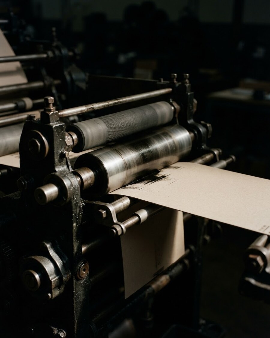 Druckwerk mit Stahlzylinder, ein Kartonbogen läuft durch die Farbwalzen